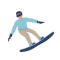 Vector cartoon snowboarder jumping. Young man or boy on snowboard. flat winter. Flat vector illustration in cartoon style. sport Royalty Free Stock Photo