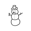 Vector cartoon snowman illustration. Black and white colors. Hand drawn doodle snowman Royalty Free Stock Photo