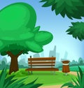 Vector cartoon spring town park with bench tree trash can in beautiful and city scape background Royalty Free Stock Photo