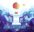 Vector cartoon square illustration in flat cartoon stile - Hot air balloon flies over a waterfall, forest and lake. Blue Royalty Free Stock Photo