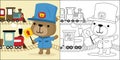 Vector cartoon of steam train cartoon with funny bear in machinist costume, coloring book or page Royalty Free Stock Photo