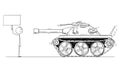 Vector Cartoon Illustration of Brave Unarmed Man Facing Alone the Army Tank and Holding Empty Sign for Your Text