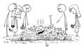 Vector Cartoon Illustration of Shocked People, Friends or Family Members on Burial Ceremony. Buried Alive Man is Coming