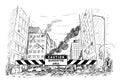 Vector Cartoon Illustration of Caution Quarantine Area Roadblock Blocking Destroyed City Street after Infection Panic or