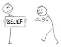 Vector Cartoon Illustration of Confident Person Facing Angry Aggressive Violent Man With Belief Sign in His Hands