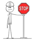 Vector Cartoon of Construction Worker Holding Red Stop Road Sign Royalty Free Stock Photo