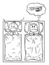 Vector Cartoon of Couple in Bed and Man Snoring, Woman Can`t Sleep Royalty Free Stock Photo