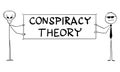 Vector Cartoon of Extraterrestrial Alien and Secret Agent Holding Big Conspiracy Theory Sign