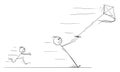 Vector Cartoon of Father Flying Kite and Pulled Away in Strong Wind