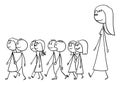 Vector Cartoon Illustration of Kindergarten Teacher on the Walk with Small Children