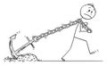 Vector Cartoon Illustration of Man or Businessman Pulling or Dragging Big Anchor as Life Problem Metaphor