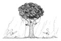 Vector Cartoon Illustration of Group of Lumberjacks Going to Cut or Chop Down the Last Remaining Tree from Rain Forest