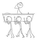 Vector Cartoon Illustration of Group of Men Carrying Coffin with During Burial or Funeral Ceremony, Dead Man Wake Up