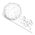 Vector Cartoon Illustration of Group of Men or Businessmen Running Away From Boulder Rolling Down the Hill.