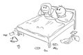 Vector Cartoon Illustration of Happy Heterosexual Couple of Man and Woman Lying Together in Bed in Bedroom After Sex