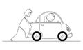 Vector Cartoon Illustration of Humanoid Robot Pushing Broken or Out of Gas Car