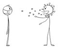 Vector Cartoon Illustration of Infected Man With Face Mask Down Talking to Other Man and Spreading Coronavirus Covid-19