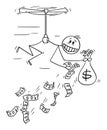 Vector Cartoon Illustration of Man or Businessman Flying Like Helicopter and Throwing Money Away.