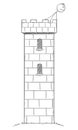 Vector Cartoon Illustration of Man or Businessman Hidden Safe Inside of the Castle or Tower Watching Threat, Danger and