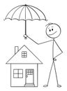 Vector Cartoon of Man, Businessman or Insurance Agent Holding Umbrella Protecting Family House