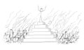 Vector Cartoon of Man or Businessman or Politician Celebrating His Triumph on the Peak of the Pyramid With Destroyed