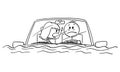 Vector Cartoon Illustration of Man or Driver Driving Car in Water Flood or Sitting Stunned in Car After Accident, His Royalty Free Stock Photo