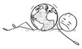 Vector Cartoon Illustration of Man, Person, Human Being or Businessman Lying Dead on Ground Crushed by Earth World Globe