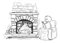 Vector Cartoon Illustration of Man Siting in Front of Fireplace in Comfortable Armchair or Chair and Reading the Book