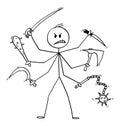 Vector Cartoon Illustration of Man with Six Arms Holding Cold Weapons Like Sabre, Ax, Knife, Club, Sickle and Flail