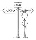 Vector Cartoon Illustration of Man Representing Human Civilization or Mankind Choosing the Future Between Utopia and