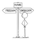 Vector Cartoon Illustration of Man Representing Human Civilization or Mankind Choosing the Future Between Freedom and