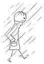 Vector Cartoon of Man Walking in Heavy Rain Wrapped in and Wearing Coat, Overcoat, Topcoat, Raincoat or Greatcoat