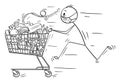 Vector Cartoon Illustration of Man Wearing Face Mask Running and Pushing Shopping Cart With of Food From Supermarket or