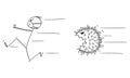 Vector Cartoon Illustration of Man Wearing Protective Face Mask Running Away in Panic Chased by Coronavirus Covid-19