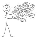 Vector Conceptual Cartoon of Man, Postman or Businessman Sending Mail or Post Envelopes