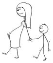 Vector Cartoon of Pregnant Woman or Mom Walking Together with Small Boy or Son Royalty Free Stock Photo