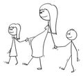 Vector Cartoon of Pregnant Woman or Mom Walking Together with Small Girl and Boy or Daughter and Son Royalty Free Stock Photo