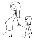 Vector cartoon of pregnant woman or mom walking together with small girl or daughter Royalty Free Stock Photo