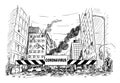 Vector Cartoon Illustration of Quarantine Area Roadblock Blocking Destroyed City Street after Infection Panic or