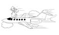 Vector Cartoon Illustration of Rich Man, Celebrity Person or Businessman Flying with Private Jet Aircraft and Holding Royalty Free Stock Photo