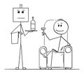 Vector Cartoon Illustration of Rich Man Sitting in Armchair with Glass in Hand and Robot as His Servant or Valet