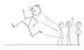 Vector Cartoon Illustration of Smiling Man, Worker or Businessman Running Away From Angry Crowd or Coworkers or Job