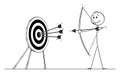 Vector Cartoon Illustration of Successful Man or Businessman Shooting Arrow at Target with Bow. Concept of pointing at Royalty Free Stock Photo