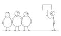 Vector Cartoon Illustration of Thin Man Holding Empty Sign and Group of Three Angry Overweight or Fat Men Looking at Him Royalty Free Stock Photo