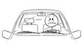 Vector Cartoon Illustration of Unhappy or Stressed Man or Driver Driving a Car