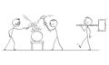 Vector Cartoon Illustration of Two Men, Workers or Businessmen Beating an Object with Hammers, Third Man is Going with