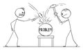 Vector Cartoon Illustration of Two Men, Workers or Businessmen Beating Problem with Hammers. Concept of Solving Problem.