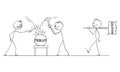 Vector Cartoon Illustration of Two Men, Workers or Businessmen Beating Problem with Hammers, Third Man is Going with