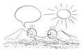 Vector Cartoon Illustration of Two Men, Tourists or Travelers Creeping or Crawling on the Hot Sand Desert on Sun, One Is