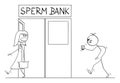 Vector Cartoon of Ugly Deformed Man Walking with Cup in to Sperm Bank, Woman is Shocked